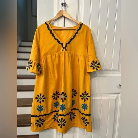 Soft Surroundings Petra Short Dress Women’s Large Yellow Embroidered Boho Tunic - Picture 2 of 6
